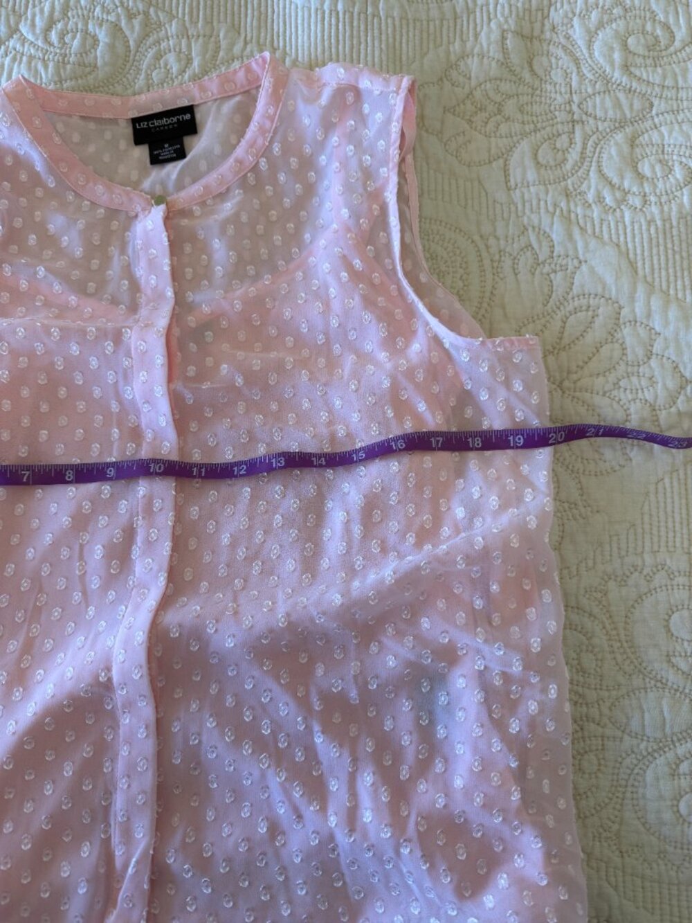 Liz Claiborne light pink Swiss-dot blouse featuring a sheer outer layer. Size M - Picture 6 of 7